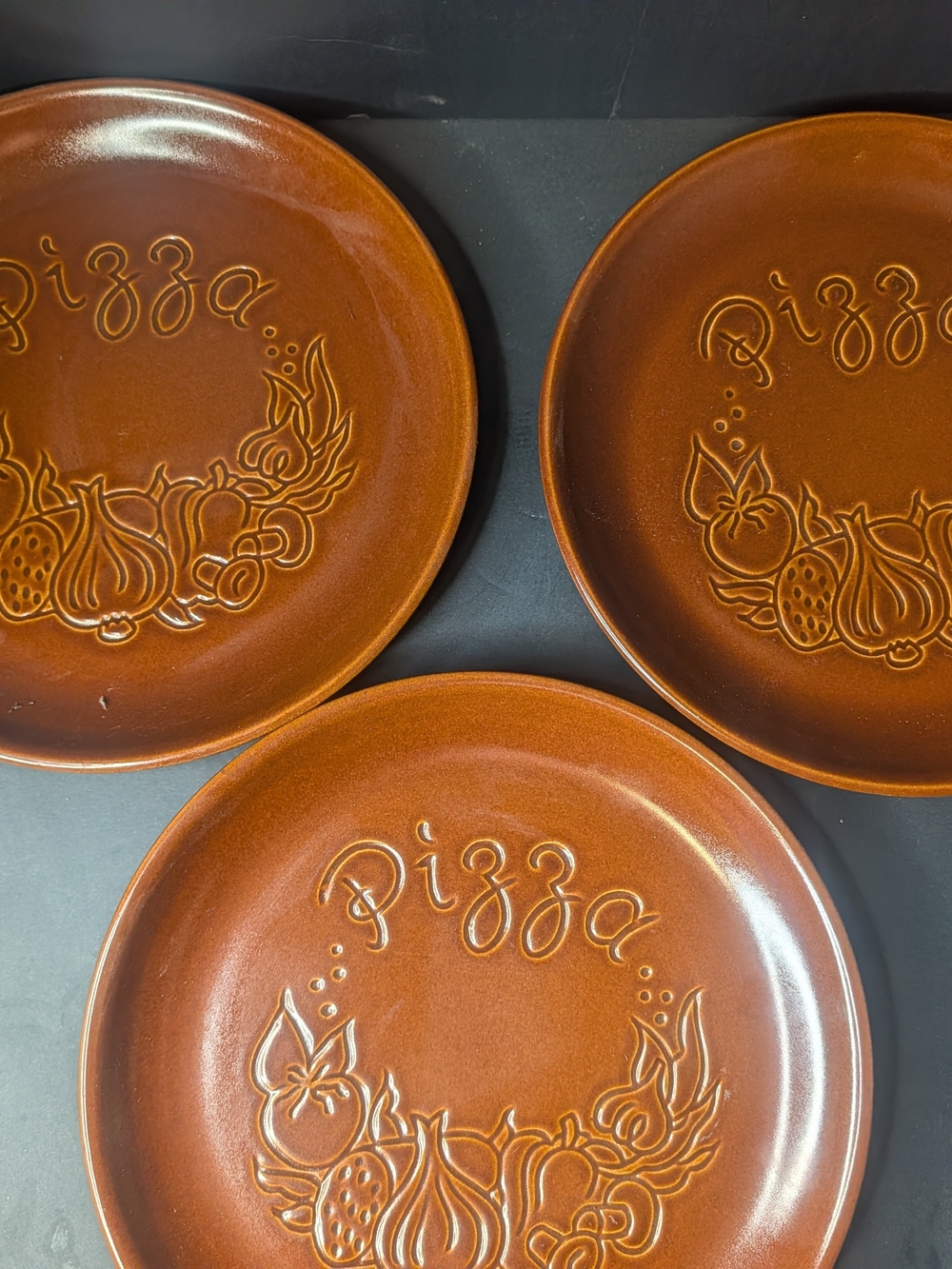 Vintage Rust Brown 'Pizza' Embossed Ceramic Plates - Set of 3